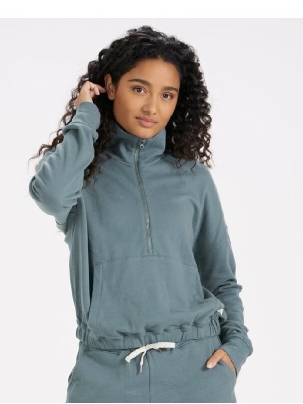 Vuori Sunnyside half-zip cropped pullover in a muted teal-green